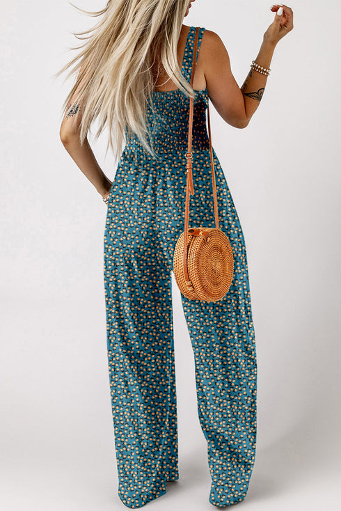 Retro Floral Print Smocked Bodice Wide Leg Jumpsuit